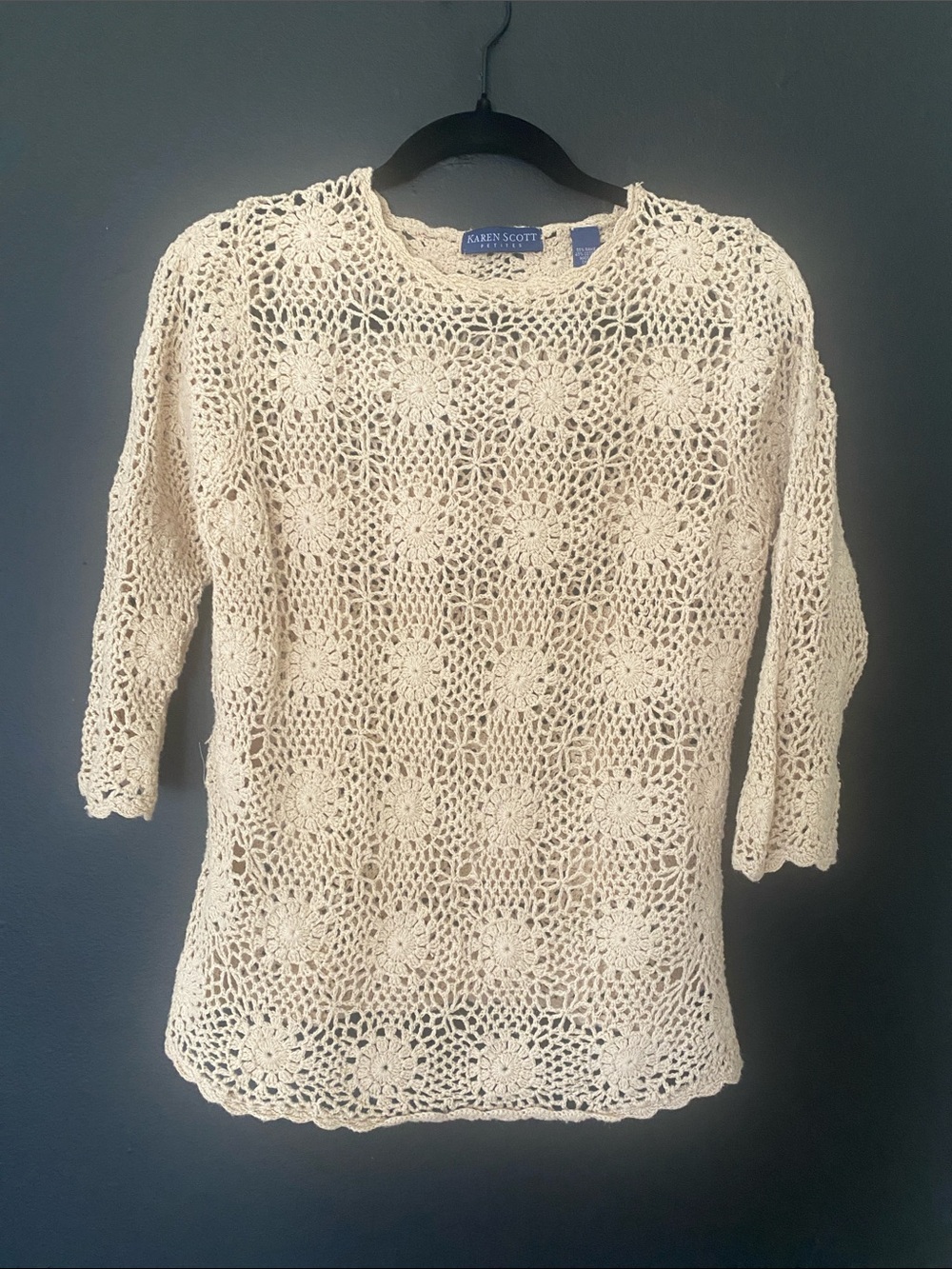 Karen Scott BOHO, Vintage, Cream Crochet Openwork Sweater